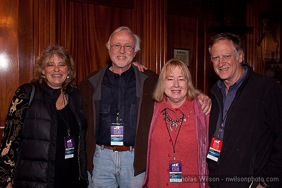 Wendy Slick ("Passion and Power"), Bob Elfstrom ("Winner
        of Albert Maysles Award"), Program Director Pat Ferrero, and Alan
        Dater ("Taking Root") at the Mendocino Film Festival Opening
        Party.
