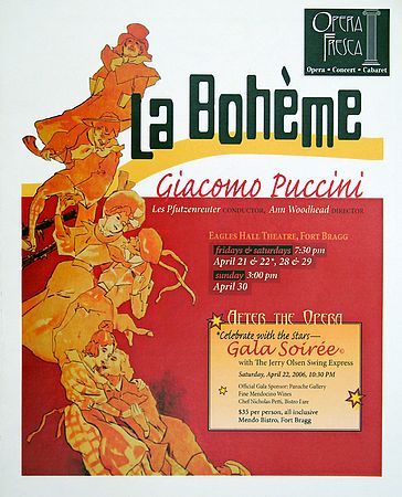 Program front cover for Opera Fresca's April 2006 production of Giacomo Puccini's La Boh�me. Graphic design by Micaela Carr.