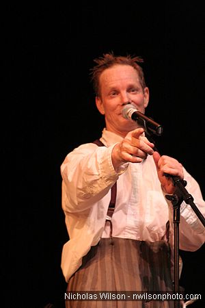Bill Irwin takes questions and suggestions from the audience at Cotton Auditorium, Fort Bragg CA