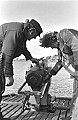 Byrd Baker, left, examines a whaling harpoon cannon on the Sioux City, a former whalling ship moored at Richmond CA.