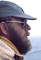 John Griffith close up as he pilots the Phyllis Cormack from the flying bridge during the Mendocino Whale War's 1976 anti-whaling patrol off the northern California coast.