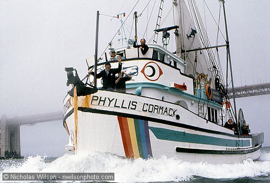 The Mendocino Whale War voyage ends July 5, 1976, as the Phyllis Cormack comes under the Golden Gate bridge and makes for Fort Mason