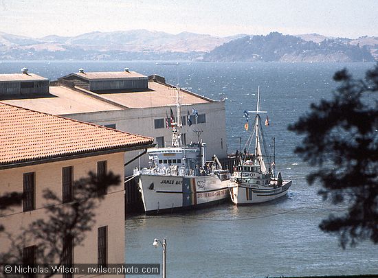 The James Bay and Phyllis Cormack docked at Fort Mason after the Mendocino Whale War anti-whaling patrol of 1976.