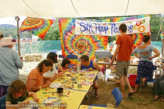 Inside the silk hoop painting tent