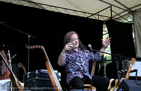 "Mr. Dave" David Lindley begins his solo set Saturday evening with a stage full of his instruments from around the world.