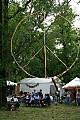 The backstage dining canteen is decorated with a giant illuminated peace symbol.