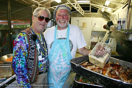 Famous Camp Winnarainbow cook Garnish Daly (right) and rock medic Dr. Don in the backstage Hog City Diner kitchen