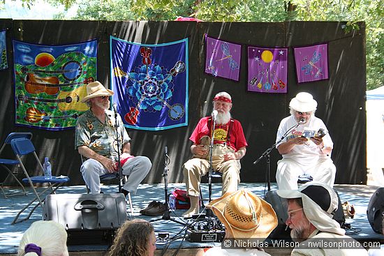 Hugh Shacklett, Utah Phillips and Wavy Gravy at the Hagler stage