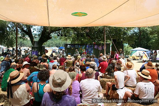 Hugh Shacklett, Utah Phillips and Wavy Gravy at the Hagler stage