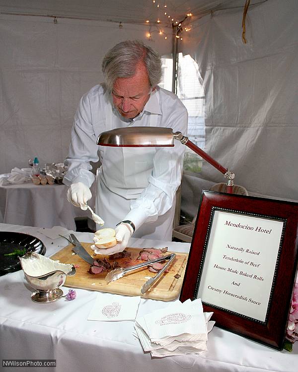 Mendocino Hotel owner Dr. Tom Kravis makes a rare beef tenderloin sandwich with creamy horseradish sauce on house-baked buns. Yum!