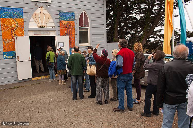 The audience queues up to enter Crown Hall for a film showing.