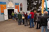 The audience queues up to enter Crown Hall for a film showing.