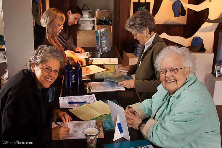 Folk singer/storyteller Ronnie Gilbert gets her tickets from Arlene Moorehead at the Mendocino Film Festival box office