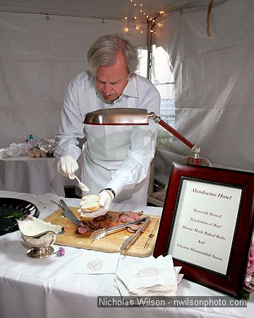 Mendocino Hotel owner Dr. Tom Kravis makes a rare beef tenderloin sandwich with creamy horseradish sauce on house-baked buns. Yum!