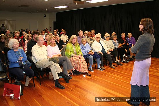 Filmmaker Bernadine Mellis answers questions after a showing of The Forest For The Trees at St. Anthony's Hall Saturday evening.