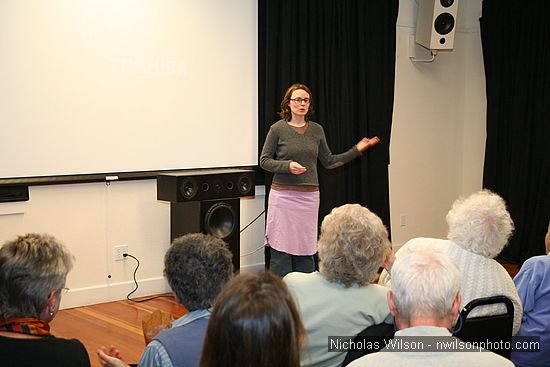 Filmmaker Bernadine Mellis answers audience questions after a showing of The Forest For The Trees at St. Anthony's Hall Saturday evening.