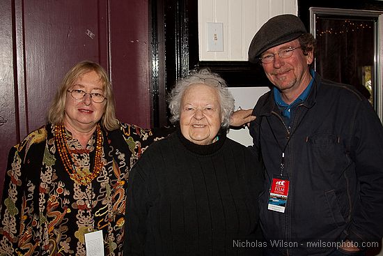 Mendocino Film Festival Program Director Pat Ferrero with folksinger Ronnie Gilbert and filmmaker Yasha Aginsky after the screening of his documentary "Always Been A Rambler."