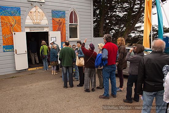 The audience queues up to enter Crown Hall for a film showing.