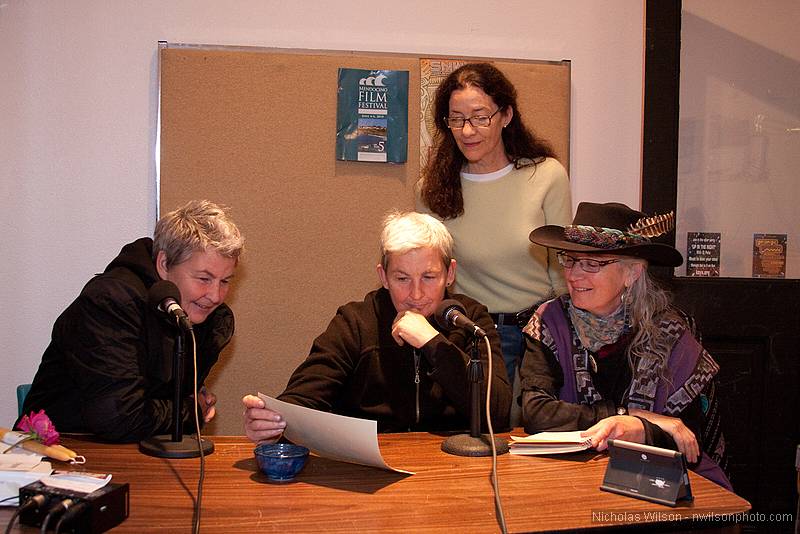 New Zealand's Topp Twins interviewed by Debra Scott on KZYX-FM as Mendocino Film Festival board member Betsy Ford looks on.