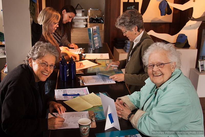 Folk singer/storyteller Ronnie Gilbert gets her tickets from Arlene Moorehead at the Mendocino Film Festival box office