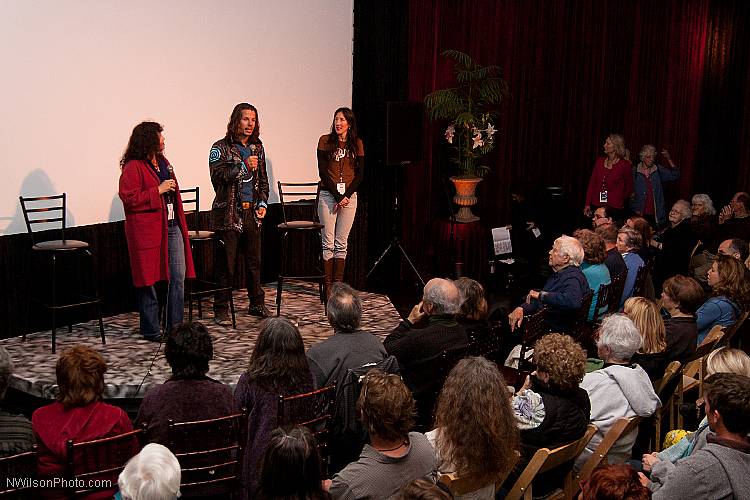 Director Roko Belic answers questions after the showing of his film "Happy," with Melissa Moody and MFF board member LaViva Dakers (right) who hosted the Q&A.