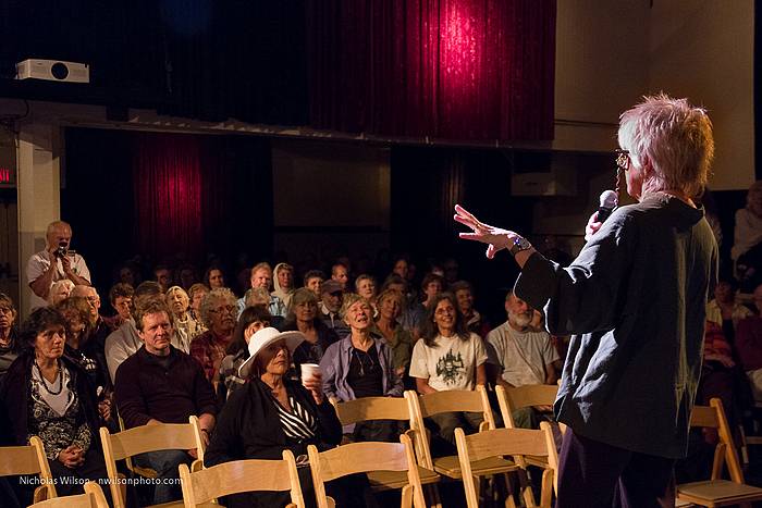 MFF host Pat Jackson speaks to the audience for Who Bombed Judi Bari?