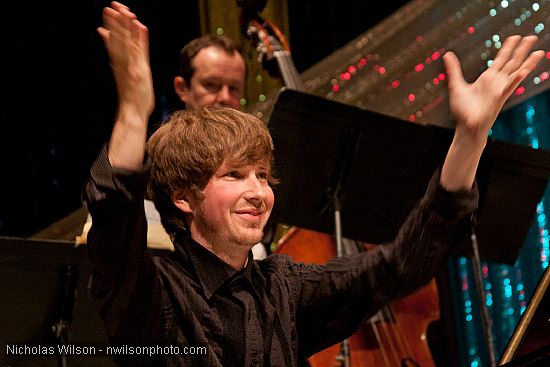 Julian Waterfall Pollack acknowledges standing ovation for his performance and big band arrangement of the Lennon/McCartney song "And I Love Her."