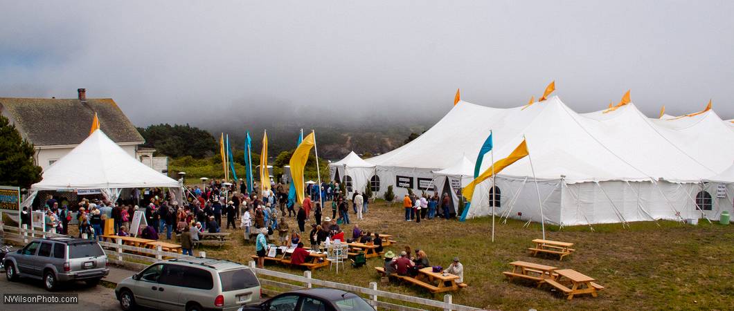 The music festival tent in the afternoon as seen from the Mendocino Hotel balcony.