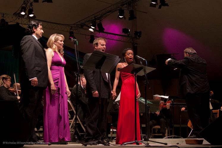 Pedro Rodelas, Lauren Post, Michel Taddei and Shawnette Sulker sing "Make Our Garden Grow" from Bernstein's "Candide" as Les Pfutzenreuter conducts the MMF Chamber Orchestra to conclude the "We Love You, Lenny" concert.