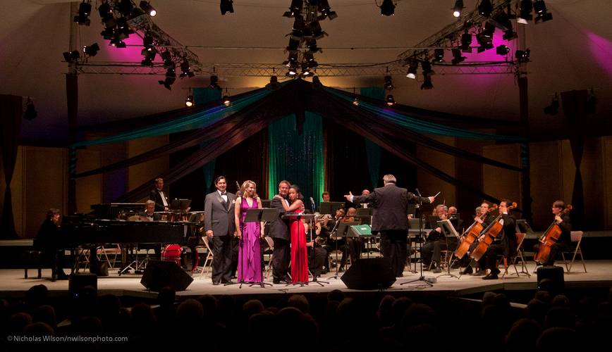 Pedro Rodelas, Lauren Post, Michel Taddei and Shawnette Sulker sing "Make Our Garden Grow" from Bernstein's "Candide" as Les Pfutzenreuter conducts the MMF Chamber Orchestra to conclude the "We Love You, Lenny" concert.