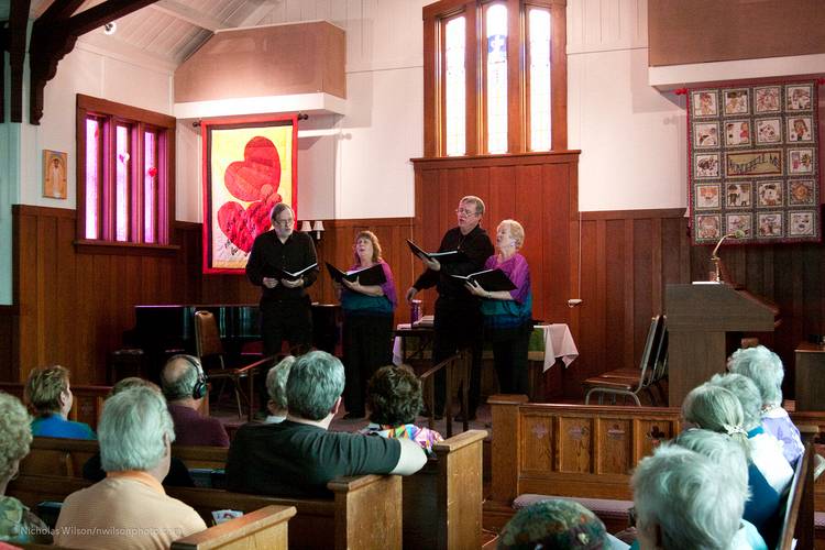 The a cappella quartet Eclectica performed an afternoon concert at Fort Bragg Methodist Church. They are Paul Friesen, Bessy Krauss, Dennis Freeze and Beth Seaward.