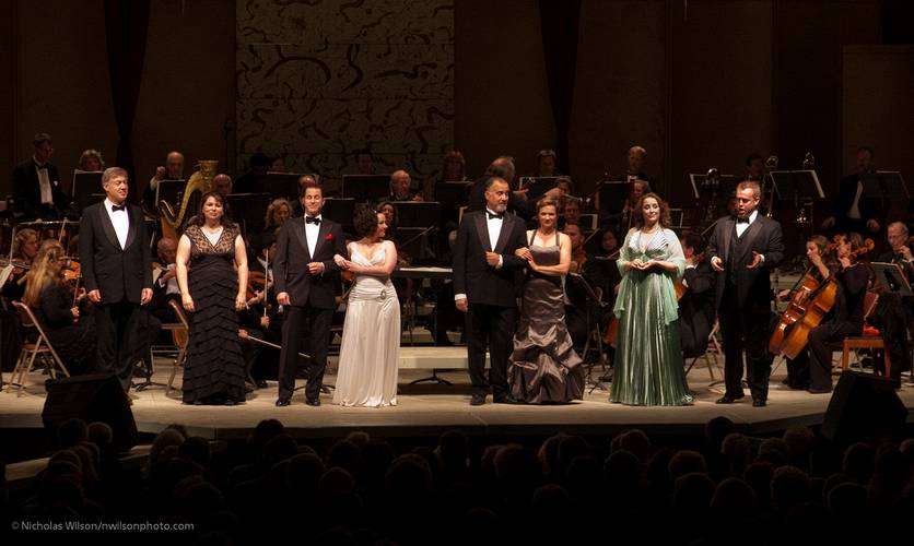 The full Operafest vocal ensemble: Matthew Miksak, Kathleen Moss, Sascha Joggerst, Jillian Boye, Hector Vasquez, Erin Neff, Cynthia Clayton Vasquez, and John Pickle.