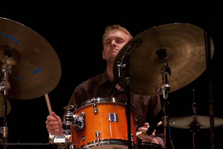 Evan Hughes on drums with the Julian Pollack Trio.