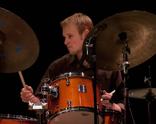 Evan Hughes on drums with the Julian Pollack Trio.