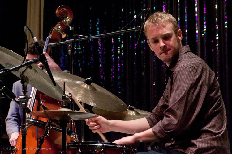 Evan Hughes on drums with the Julian Pollack Trio.