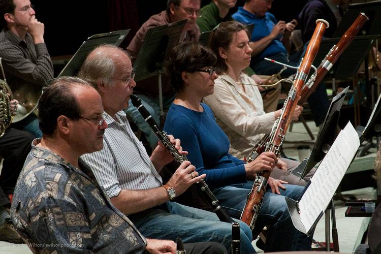 Woodwinds in rehearsal for the final concert, including Principal Clarinetist Arthur Austin.