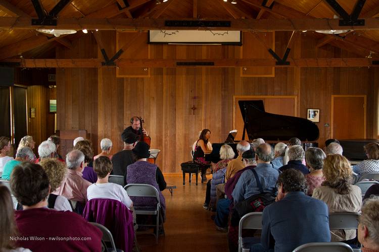 Joel Cohen, cello, and Elena Casanova, piano, at Preston Hall for  the Village Chamber series.