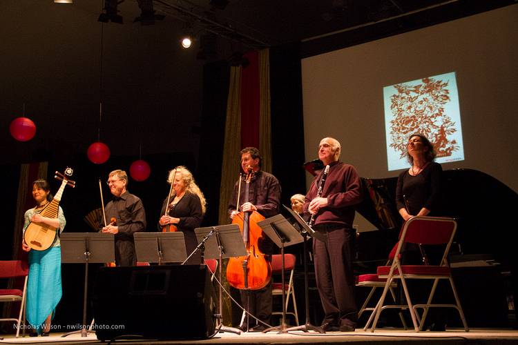 Chamber septet featuring Wu Man takes a bow at the end of the Music for a Teahouse program.