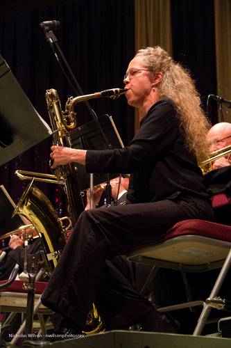 Barbara D'Augelli on baritone sax with the MMF Big Band.