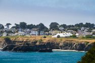 Mendocino, California, occupies a rocky headland jutting into the Pacific Ocean. The giant big top tent houses the Mendocino Music Festival's 850-seat concert hall during July each year.