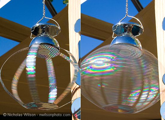 A solar-powered whirligig creates color pattersns at low speed (left) and high speed.SolFest 2007