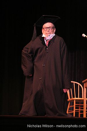 Bill Irwin in academic gear at Cotton Auditorium, Fort Bragg CA