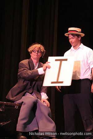 Bill Irwin gets some help from David Kosonen in performance at Cotton Auditorium, Fort Bragg CA