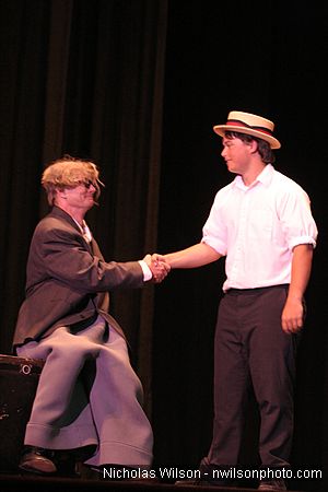 Bill Irwin gets some help from David Kosonen in performance at Cotton Auditorium, Fort Bragg CA