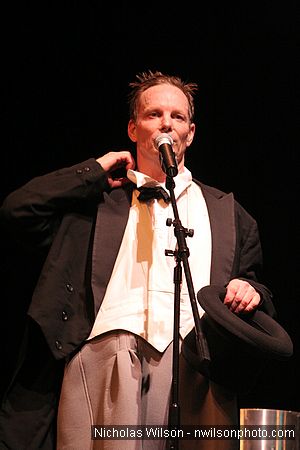 Bill Irwin takes questions and suggestions from the audience at Cotton Auditorium, Fort Bragg CA