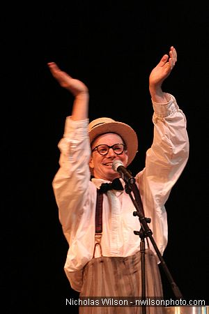 Bill Irwin applauds the audience at Cotton Auditorium, Fort Bragg CA