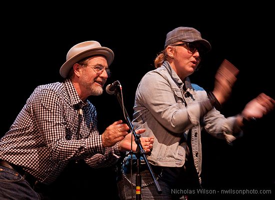 KZYX programmers Jimmy Humble and Katherine Cole were masters of ceremonies for The Wailin Jennys and the Blushin' Roulettes, Mar 7, 2010, Cotton Auditorium, Fort Bragg.