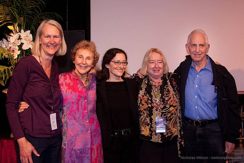 Ann Walker, Patricia Ellsberg, Betsy Ford, Pat Ferrero, and Daniel Ellsberg at Crown Hall after showing of The Most Dangerous Man In America.